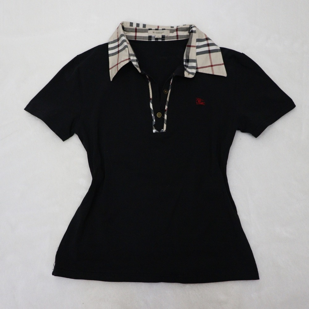 Vintage Burberry Black Polo Shirt Nova Check Trim Large Fits Small